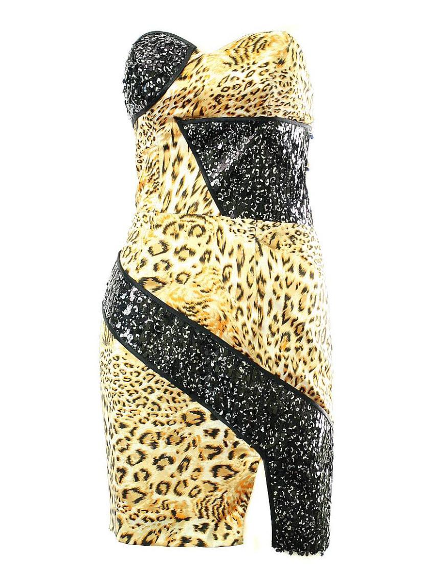 Animal print sequin embellished mini dress in yellow