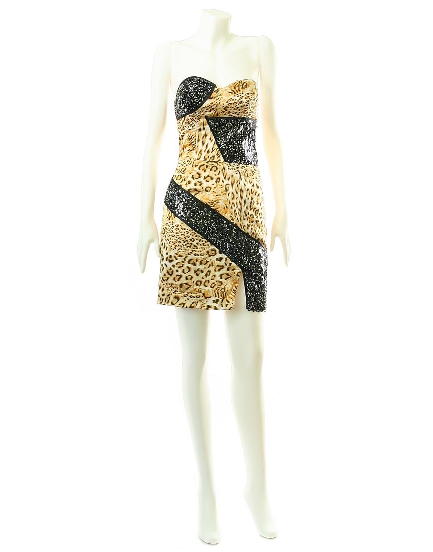 Animal print sequin embellished mini dress in yellow