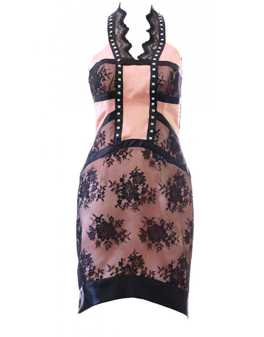 Lace panel embellished dress Beige & Black