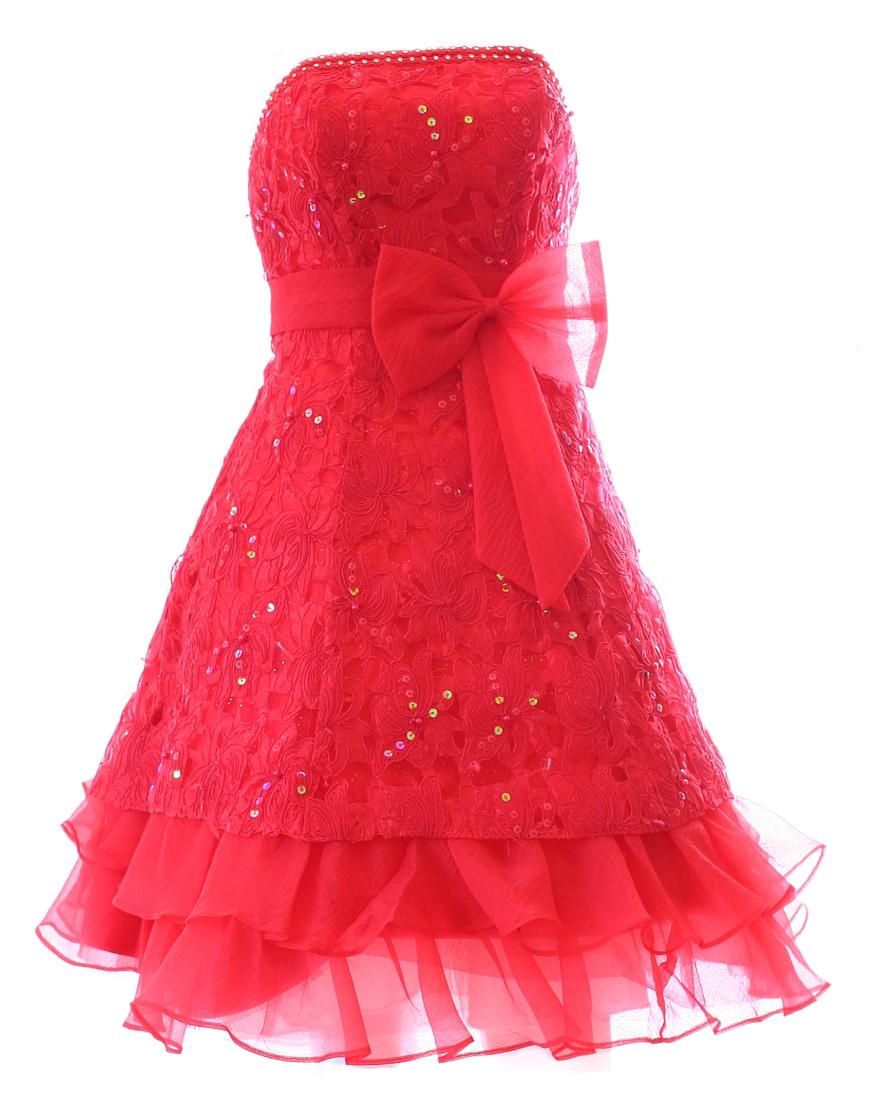 Embroidered bow-waist frilled hem prom dress in red