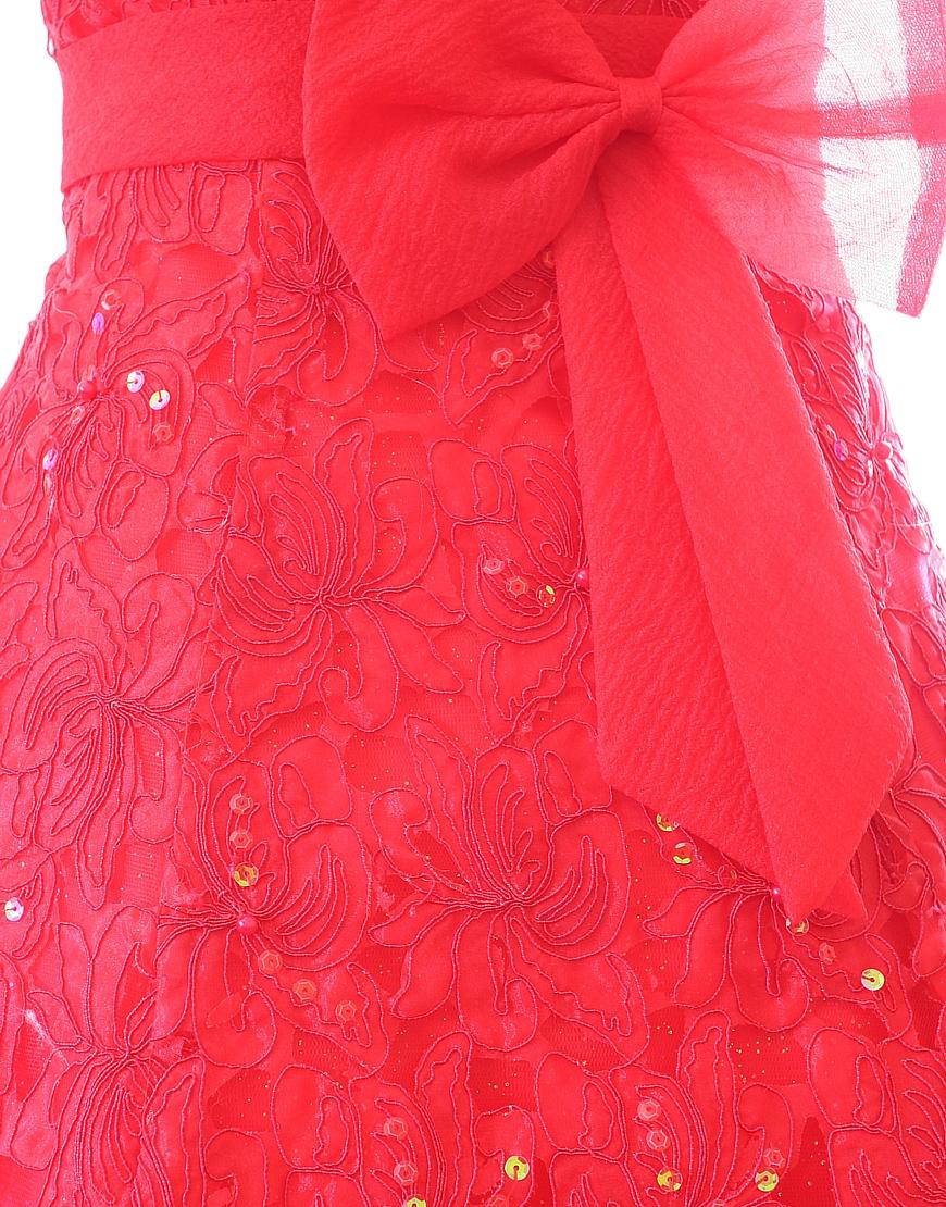 Embroidered bow-waist frilled hem prom dress in red