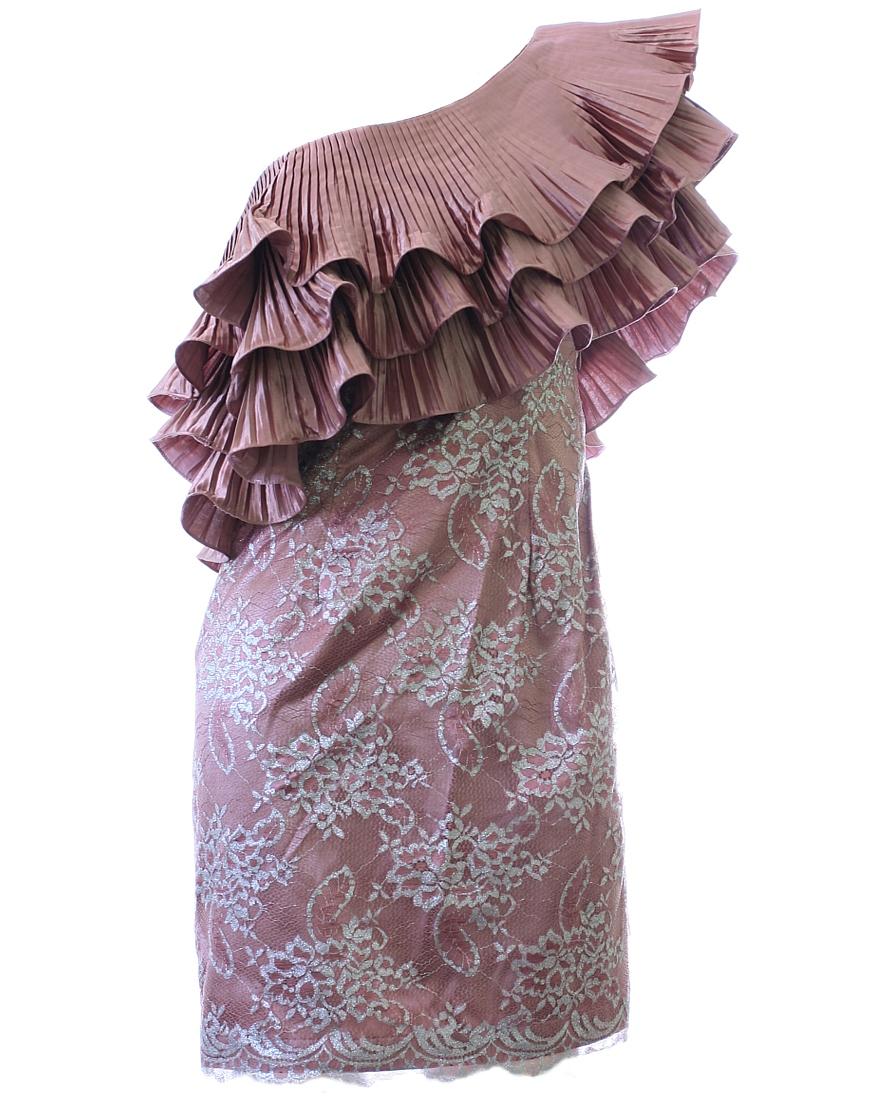 One shoulder pleat frilled dress