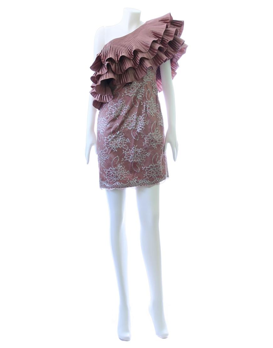 One shoulder pleat frilled dress