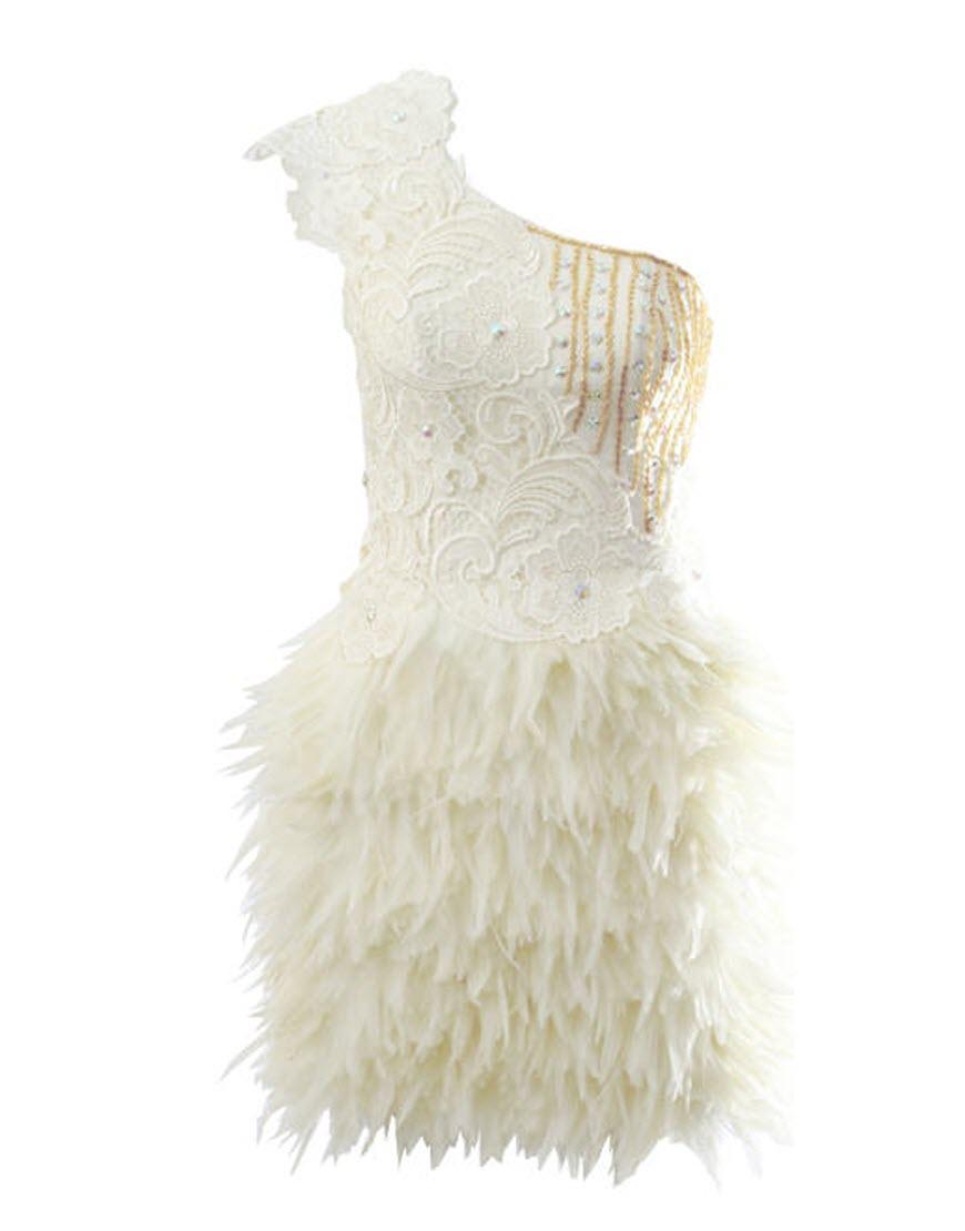 One shoulder lace feather dress in Ivory