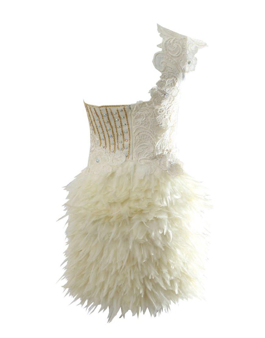 One shoulder lace feather dress in Ivory