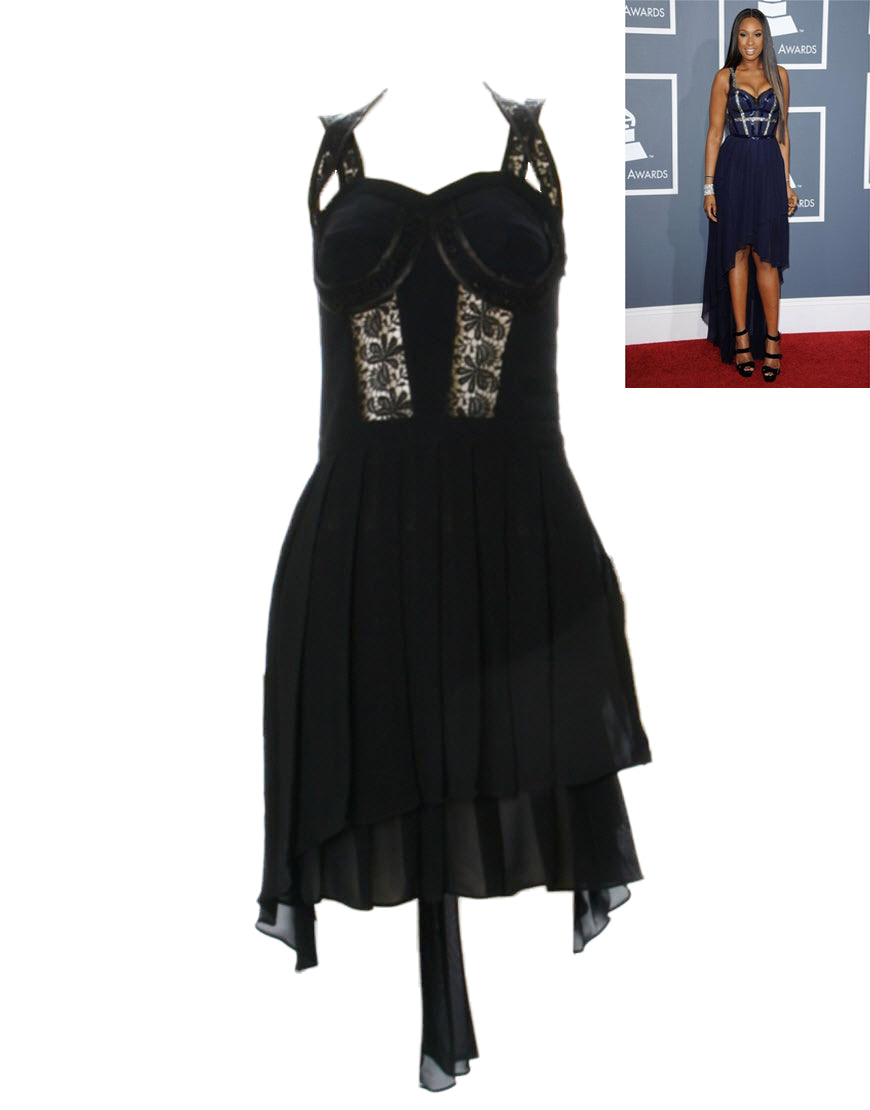 Pleated layered lace inserted bodice dress in black