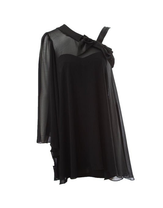 Chiffon one sleeve bow detail dress in black