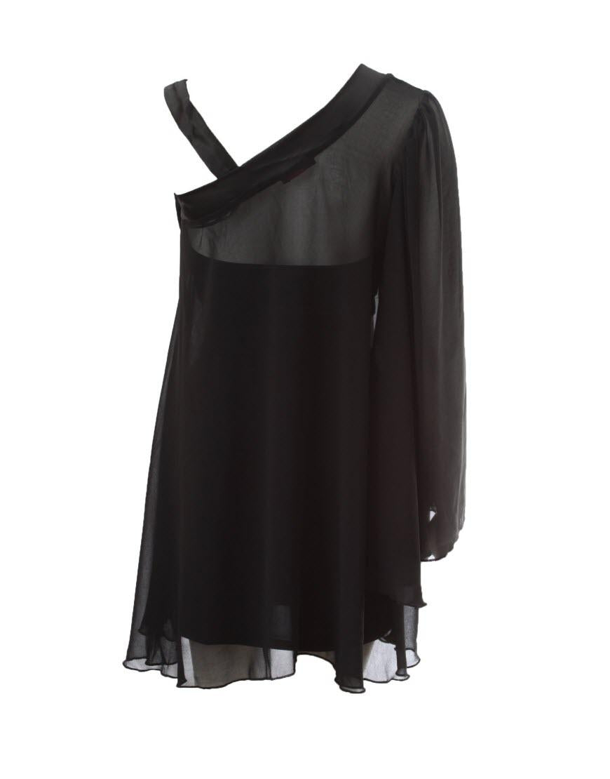 Chiffon one sleeve bow detail dress in black