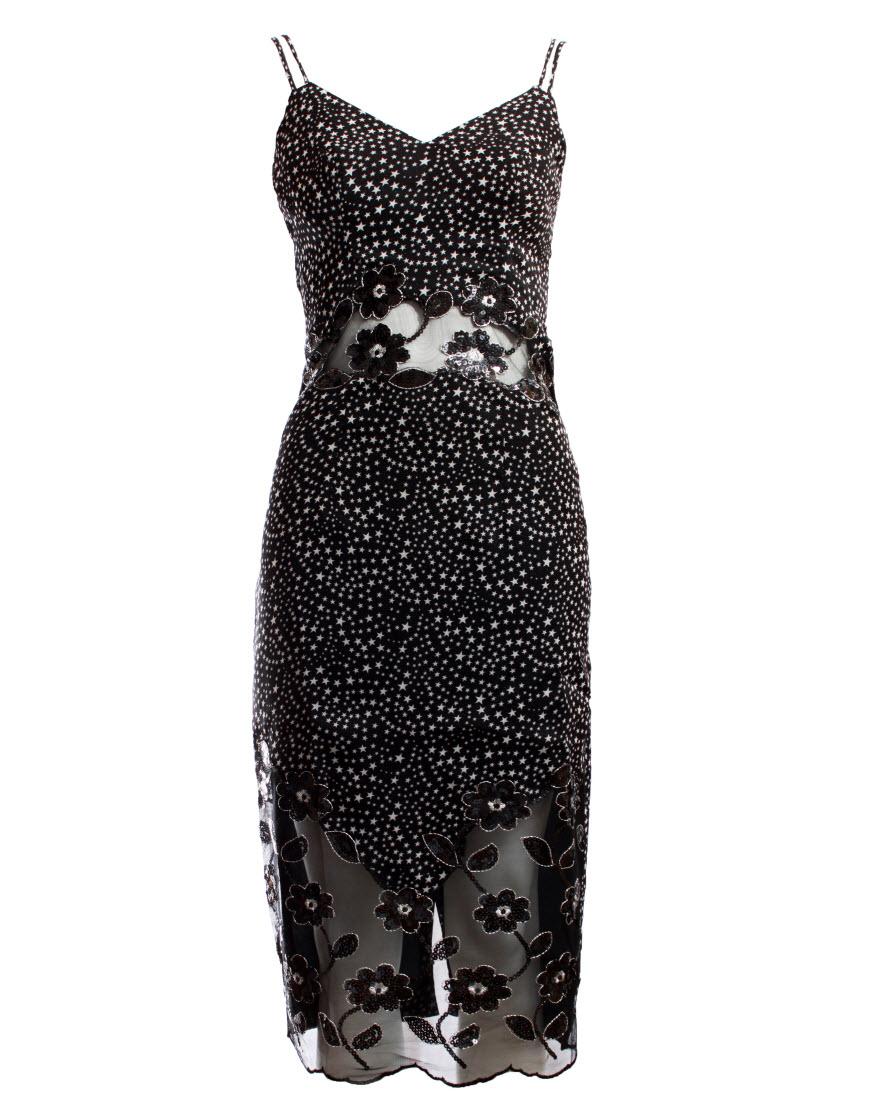 Floral-sequinned insert bodice and hem dress (small star print)