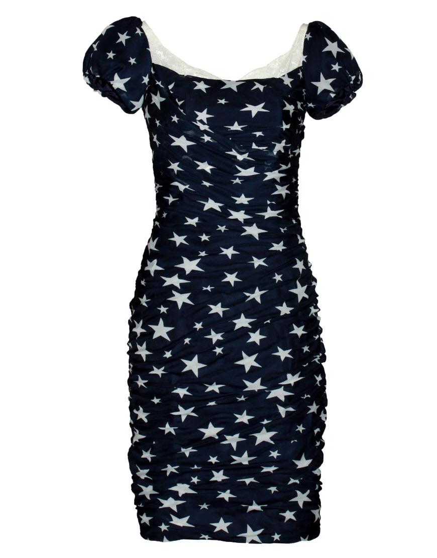 Star print puffball sleeve draped dress in Navy