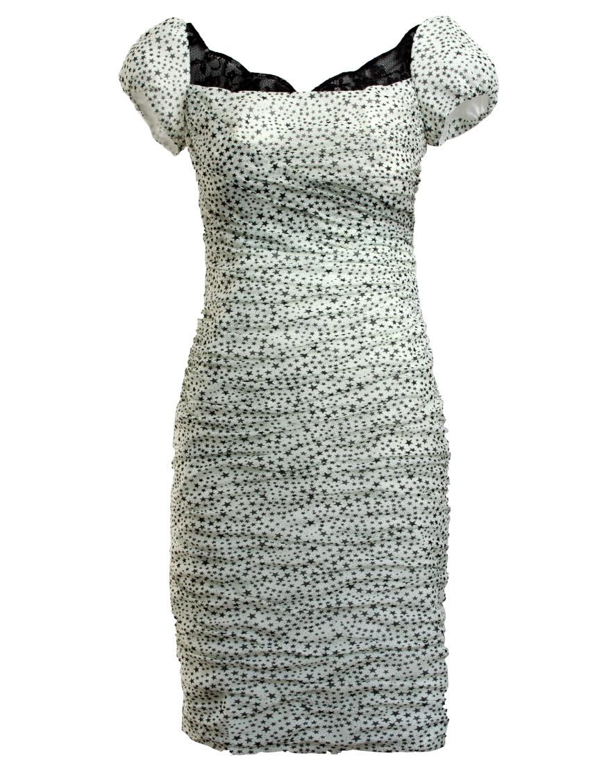 Star print puffball sleeve draped dress in Ivory (small stars)
