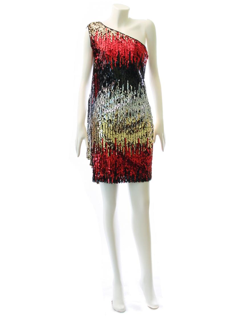 Sequin one-shoulder cocktail dress in red waterfall