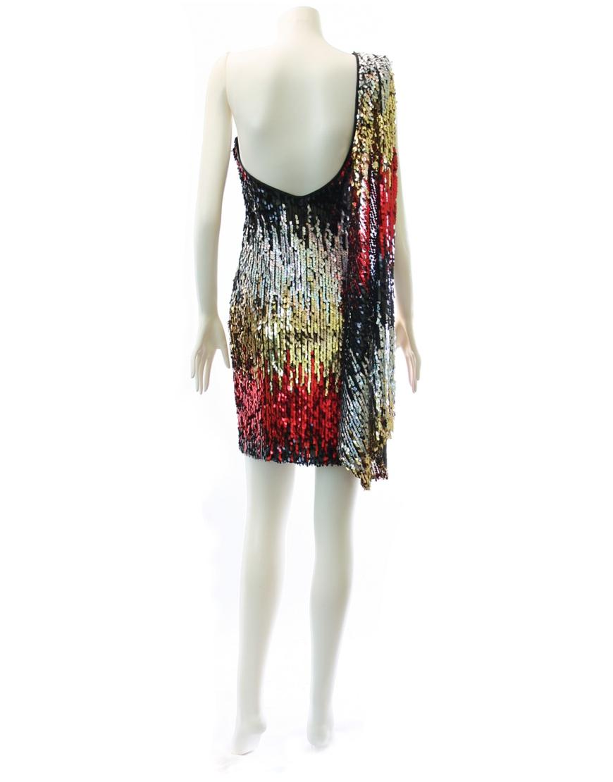 Sequin one-shoulder cocktail dress in red waterfall