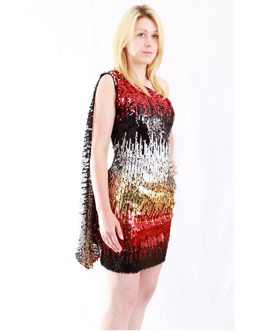Sequin one-shoulder cocktail dress in red waterfall