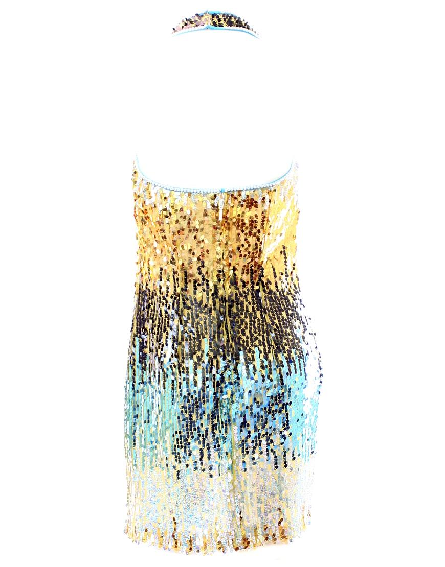 Colourful sequinned halter neck cocktail dress in blue