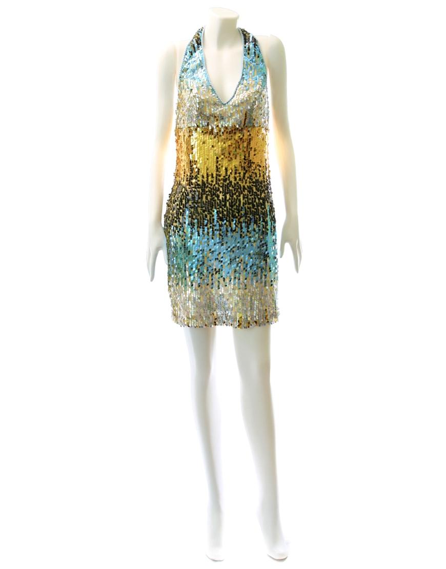 Colourful sequinned halter neck cocktail dress in blue