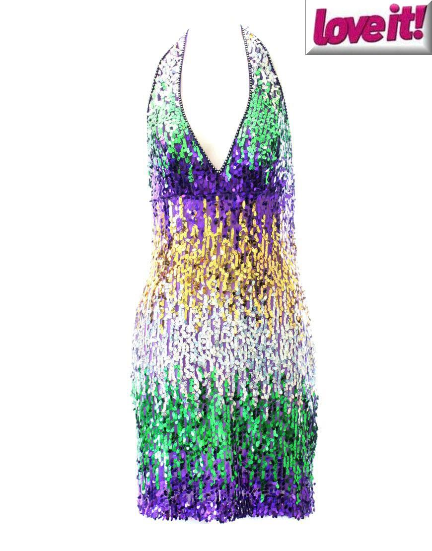 Colourful sequinned halter neck cocktail dress in purple