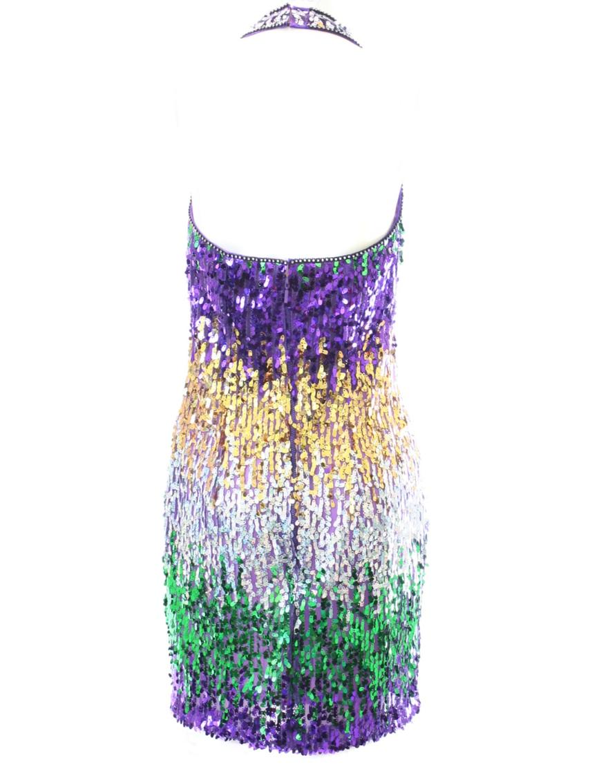 Colourful sequinned halter neck cocktail dress in purple