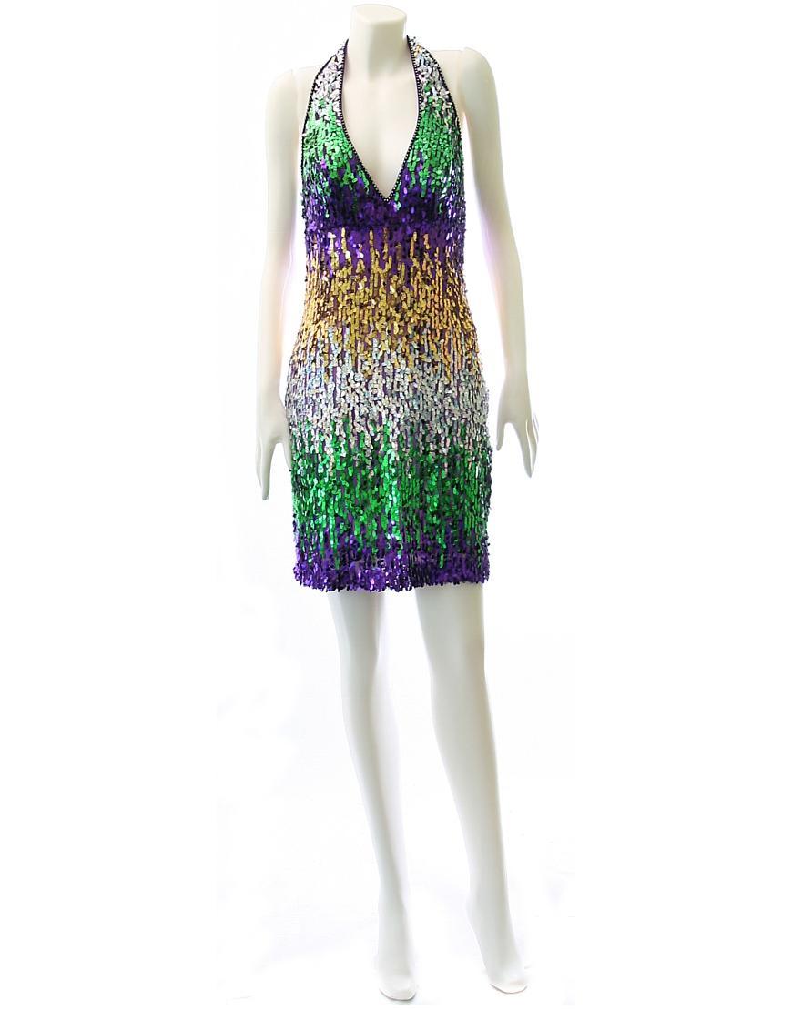 Colourful sequinned halter neck cocktail dress in purple