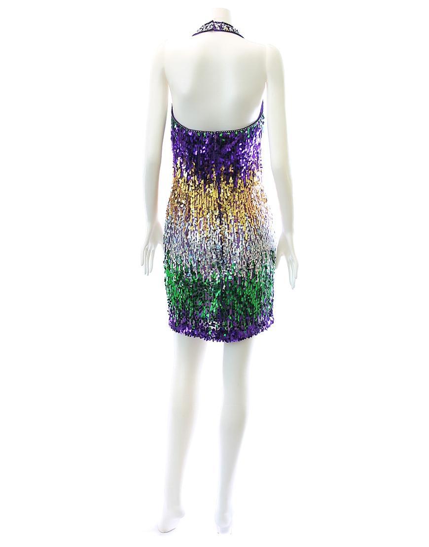 Colourful sequinned halter neck cocktail dress in purple