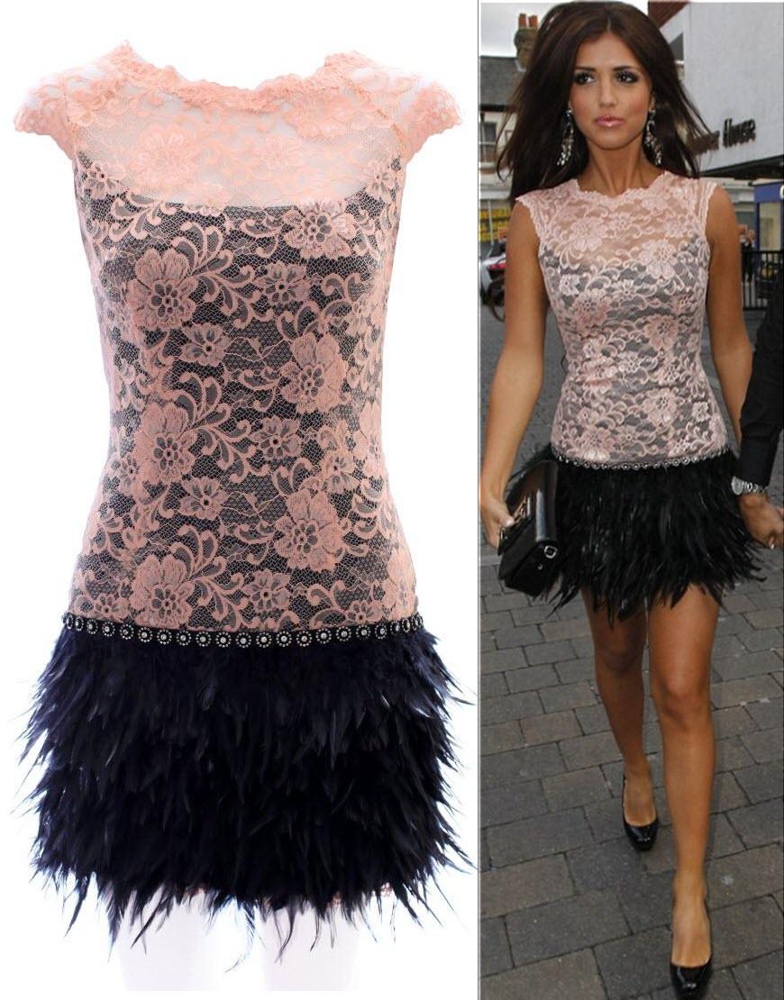 Emma Watson style lace feather dress in Beige as worn by Lucy Mecklenburgh