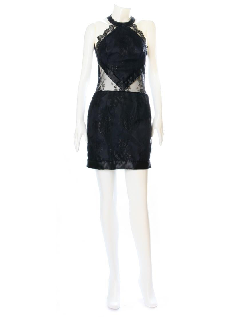 Lace panel round-neck embellished dress