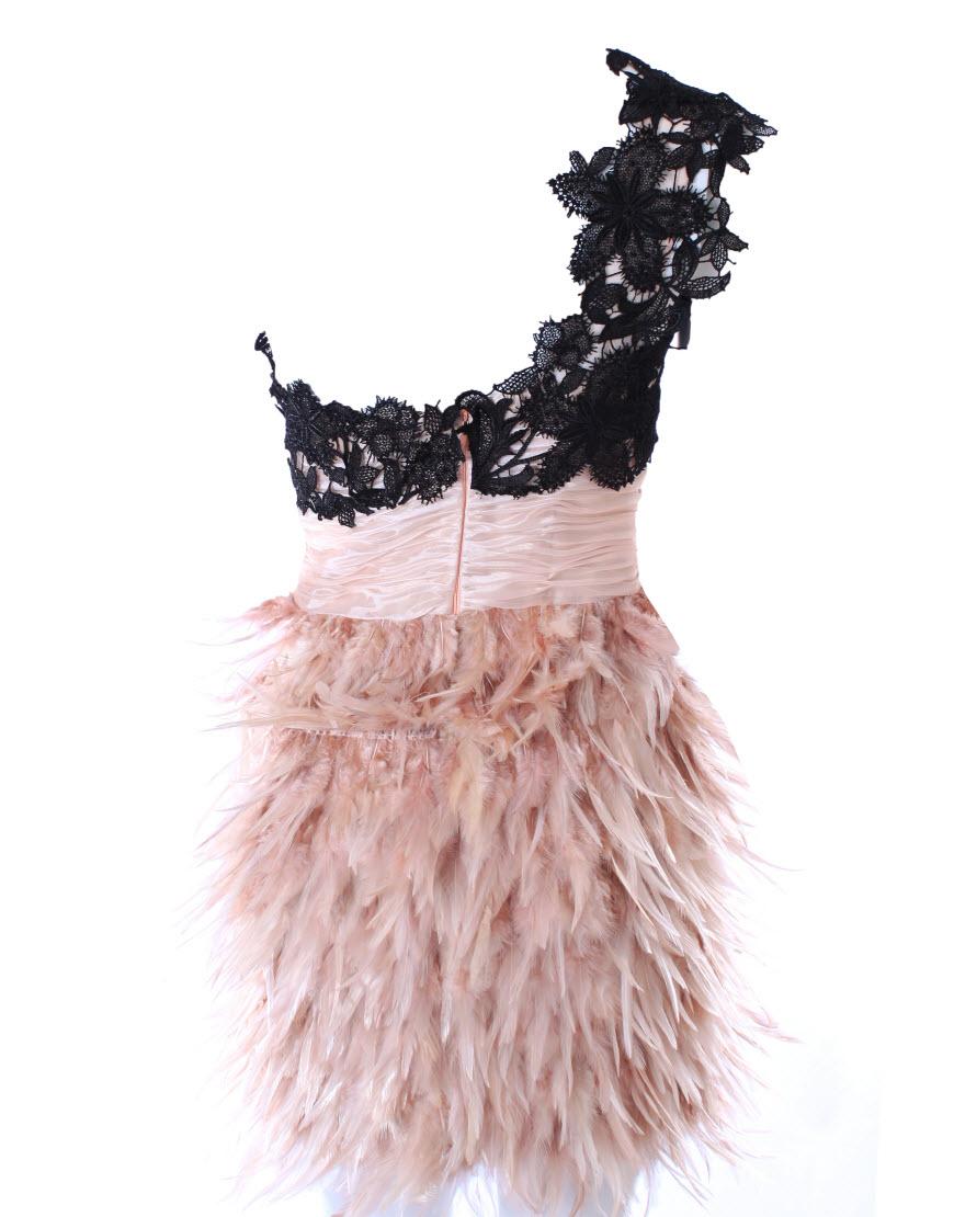 One shoulder lace & drape bodice feather dress
