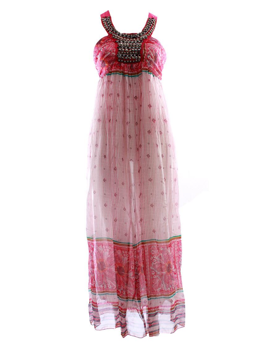 Round neck embellished maxi dress in red