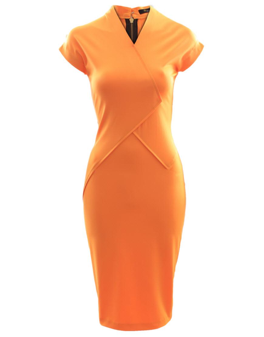 V neck cap sleeve pencil dress in Orange