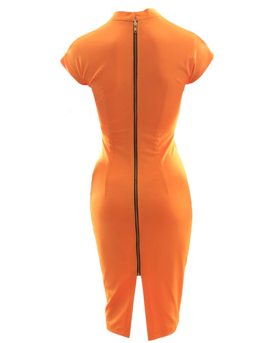 V neck cap sleeve pencil dress in Orange