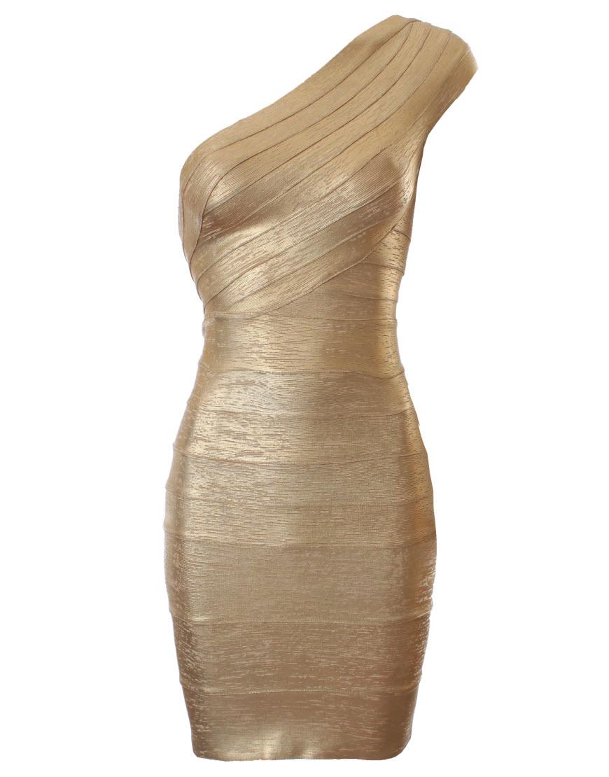 Amy metallic one shoulder bandage dress in Beige