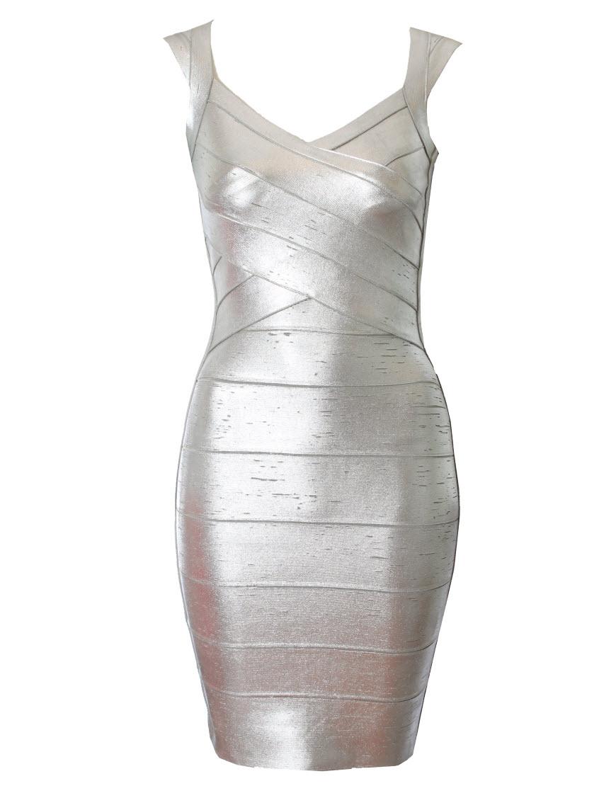 Alicia metallic silver V neck bandage dress