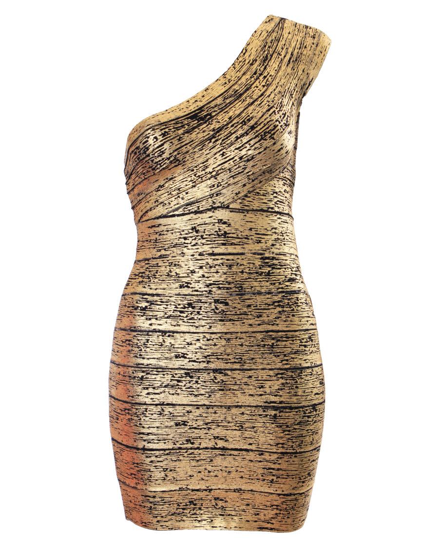 Tulisa black-gold one shoulder bandage dress