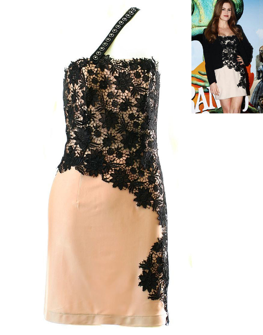 Detatchable embellished strap lace overlaid dress