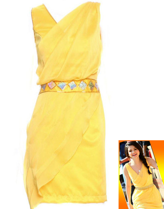 Draped beaded embellishment dress in yellow