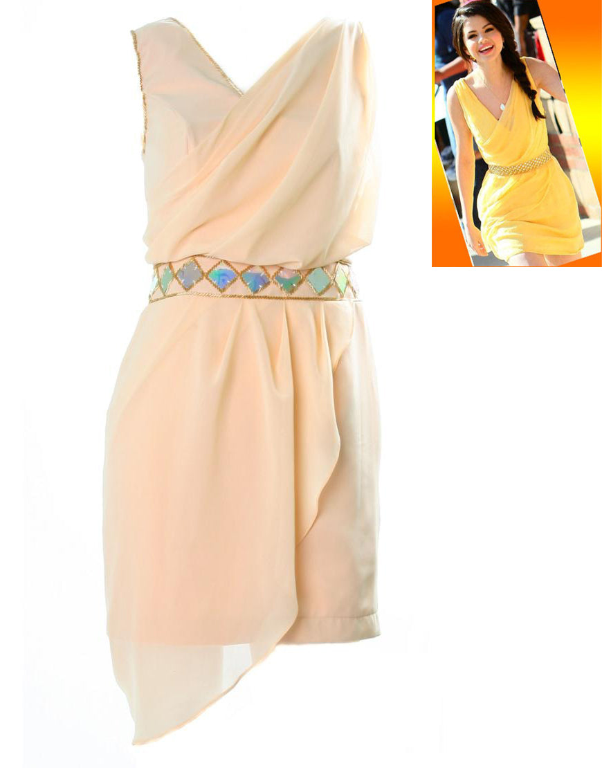 Draped beaded embellishment dress in beige