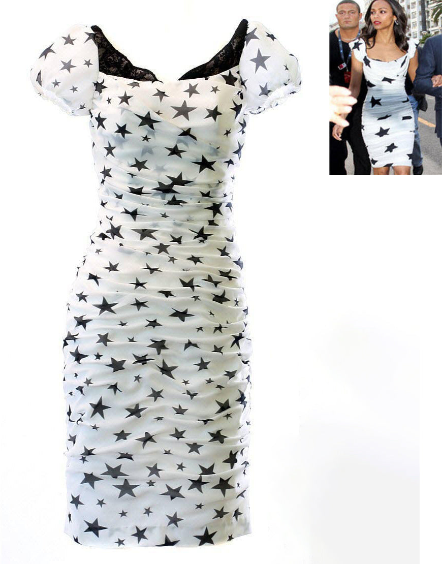 Star print puffball sleeve draped dress