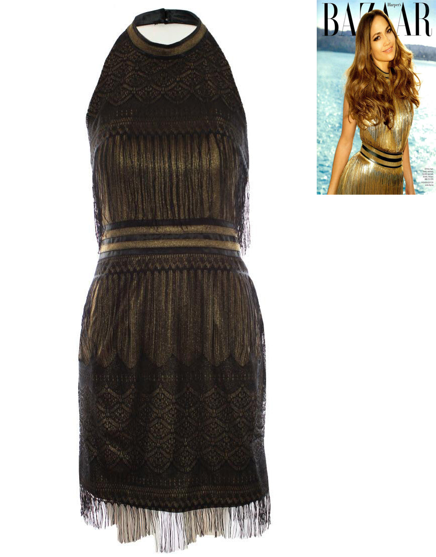 Fringed metallic gold halter neck dress