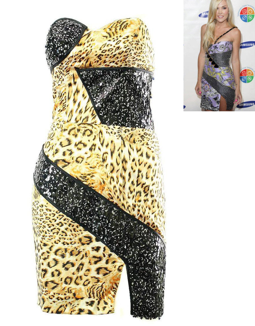 Animal print sequin embellished mini dress in yellow