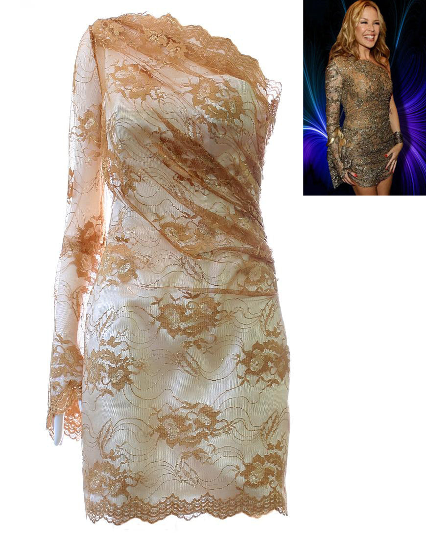 Triangular trimmed lace long sleeve with fab flared cuff in gold