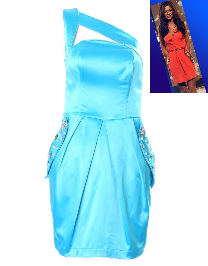 One shoulder jewelled pockets Dress in blue