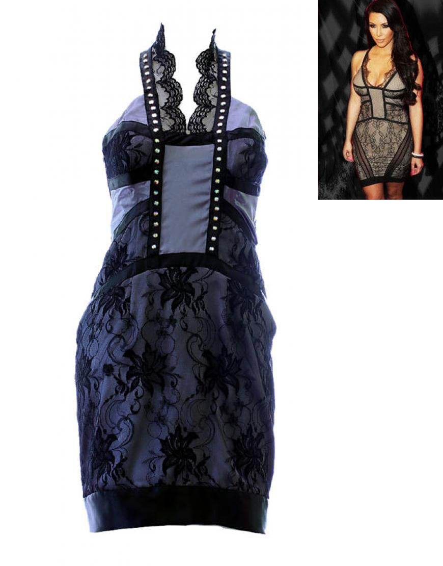 Lace panel embellished dress Grey & Black