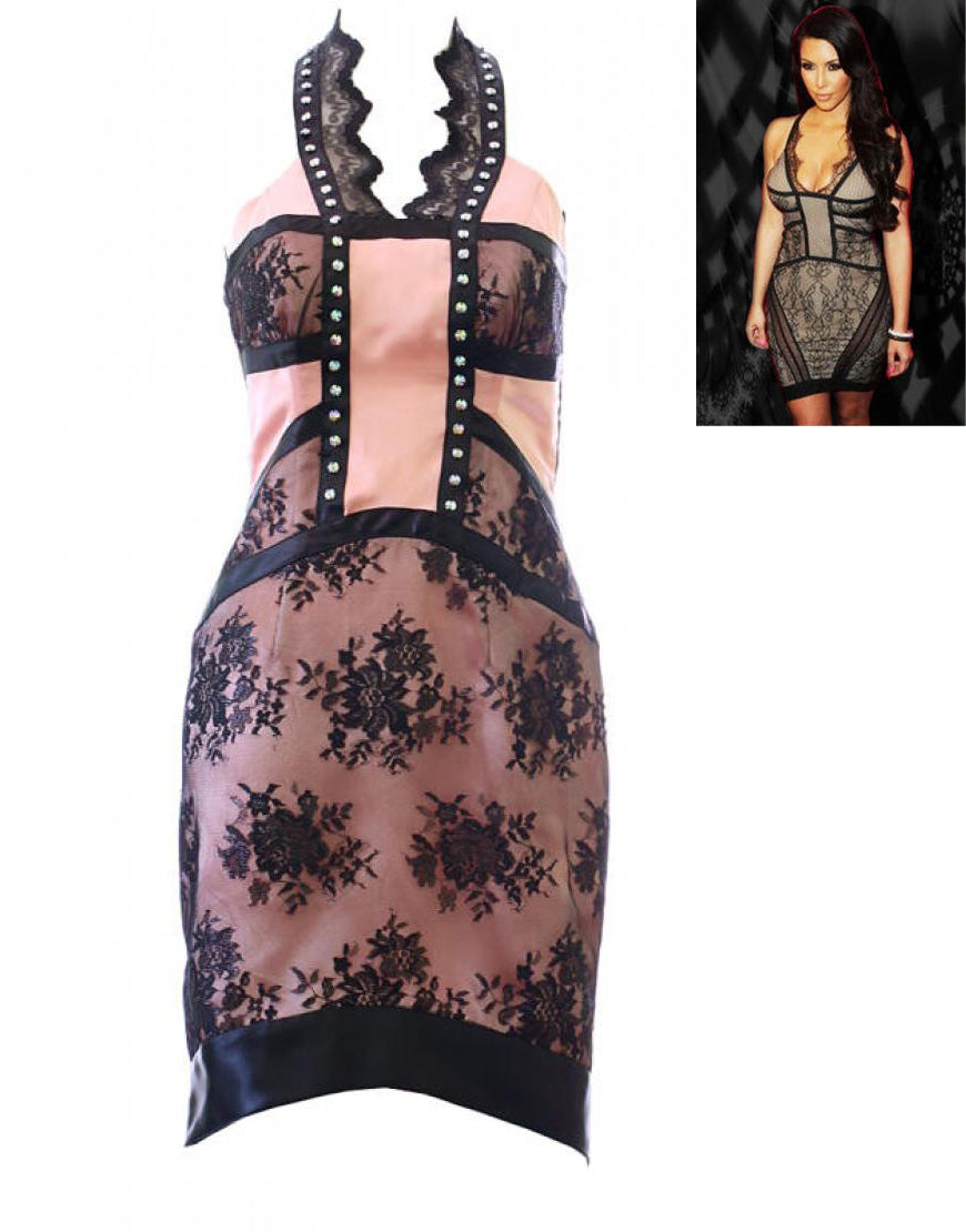 Lace panel embellished dress Beige & Black