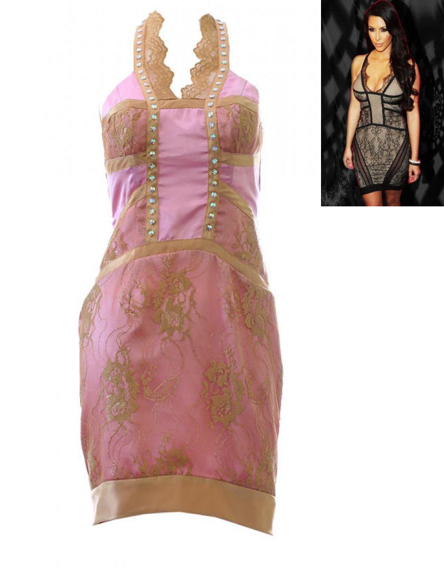 Lace panel embellished dress Beige & Gold