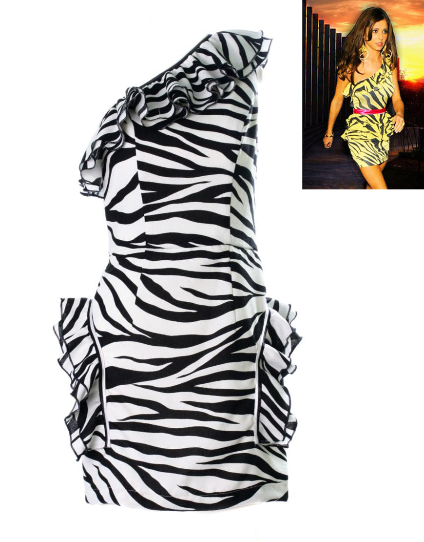 Zebra One Shoulder Frilled Mini Dress