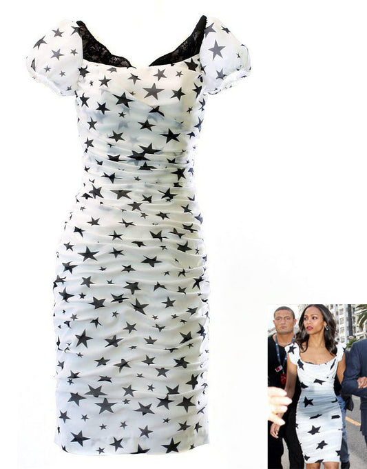 Star print puffball sleeve draped dress