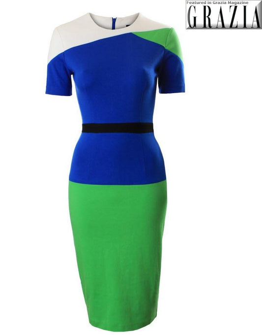 Colour block short sleeve pencil dress as seen in Grazia cover