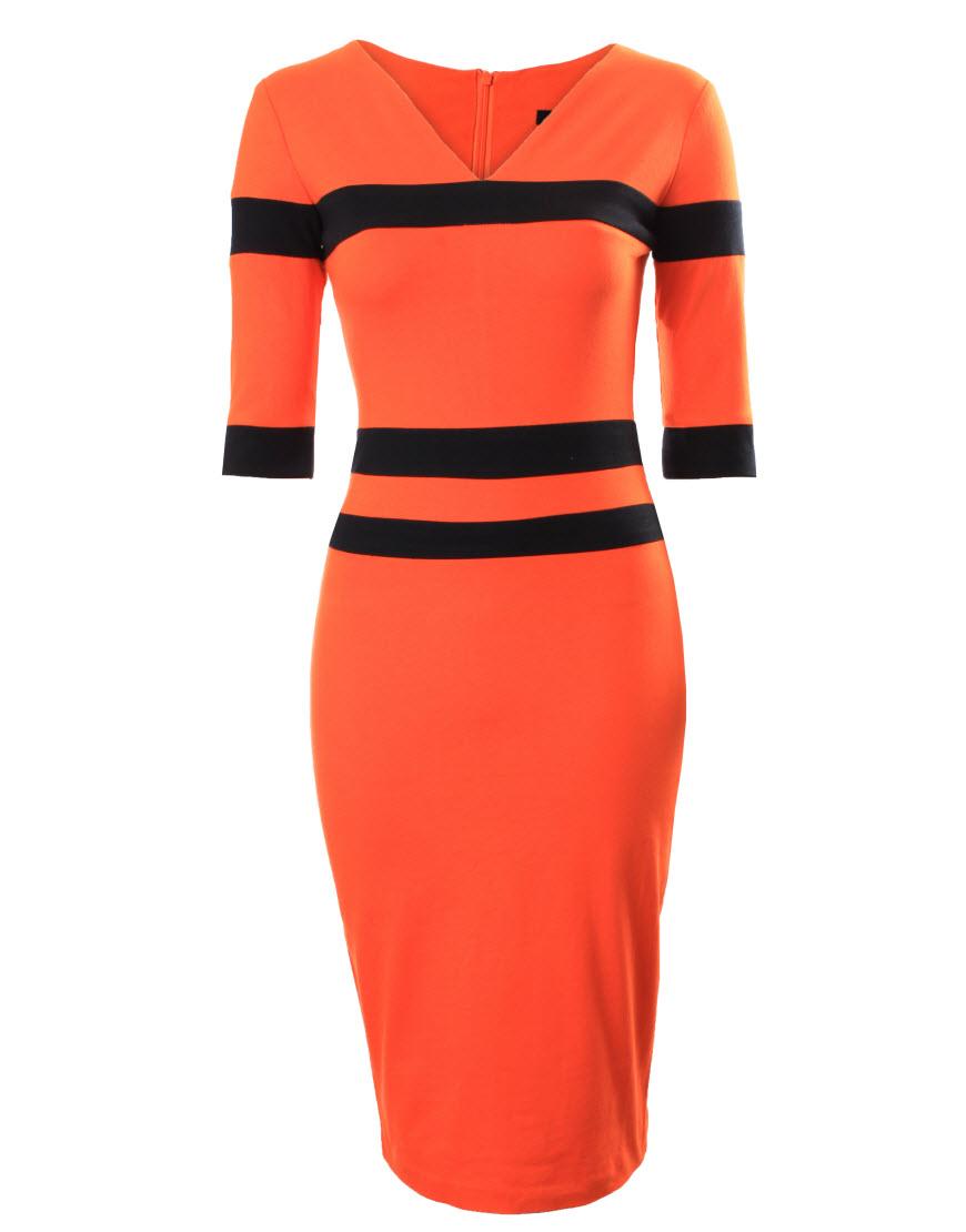 Stripe red-black 3/4 sleeve pencil dress