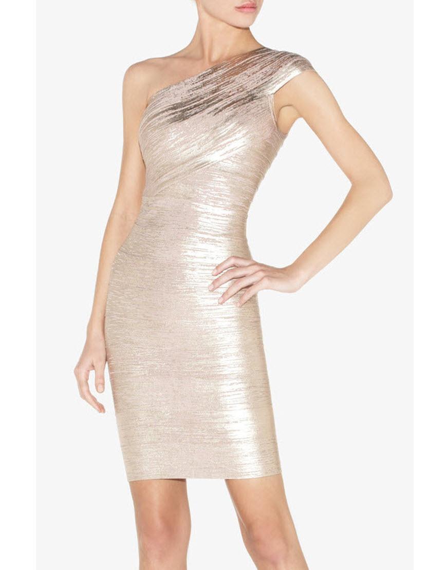 Amy metallic one shoulder bandage dress in Beige