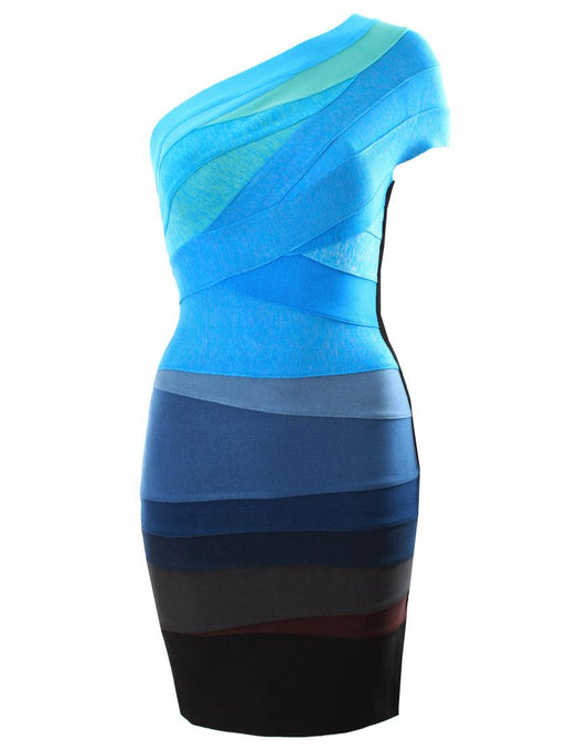 Blue ombre one shoulder bandage dress style Brooke Shields